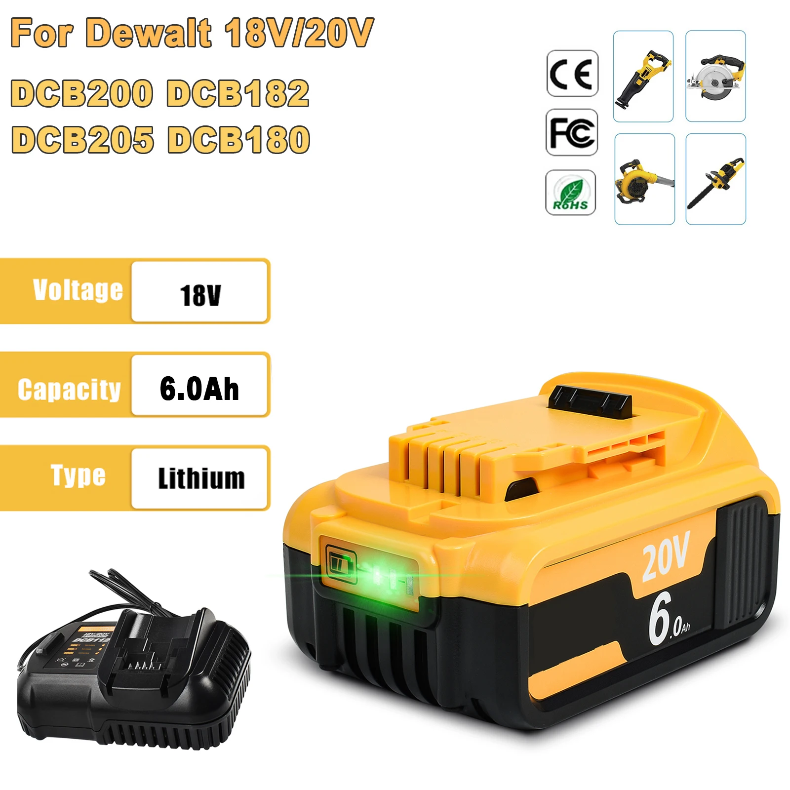 

For Dewalt 18V 20Volt Max Battery for DCB184 DCB182 DCB180 DCB181 DCB200 Tools Battery Rechargeable