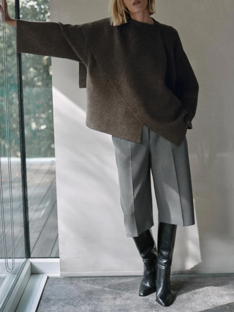 

Новая женская мода в европейском стиле, универсальный, элегантный, повседневный свитер с круглым вырезом и длинными рукавами в стиле накидки.