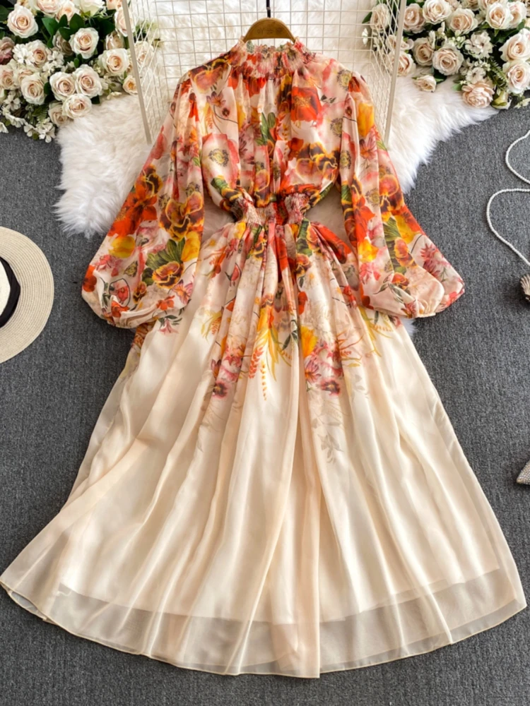 

Vintage Maxi Floral Dress for Women clothing Long Sleeved Stand Collar Slim A-line Printed Fluffy Elegant Dress