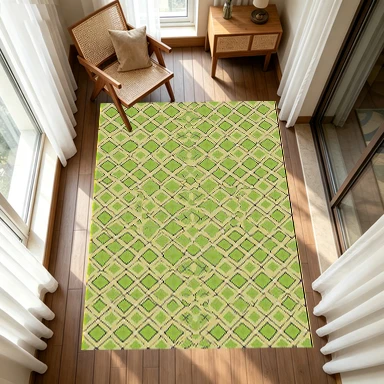 Green and Yellow Diamond-Shaped Checkered Carpet Rug with Moroccan Geometric Patterns, Durable Floor Mat Suitable for Home Room Decoration