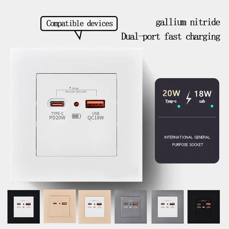 20W GaN Super Fast Charge Panel 86 Type-C Home Use 220V to 5V Dual USB Socket for Efficient Power Conversion And Charging