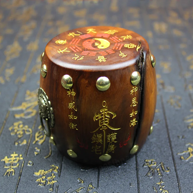 Lightning-Struck Jujube Wood Small Drum, Hand-Carved Taoist Ornament, Thunder God Wooden Hand Piece for Collection