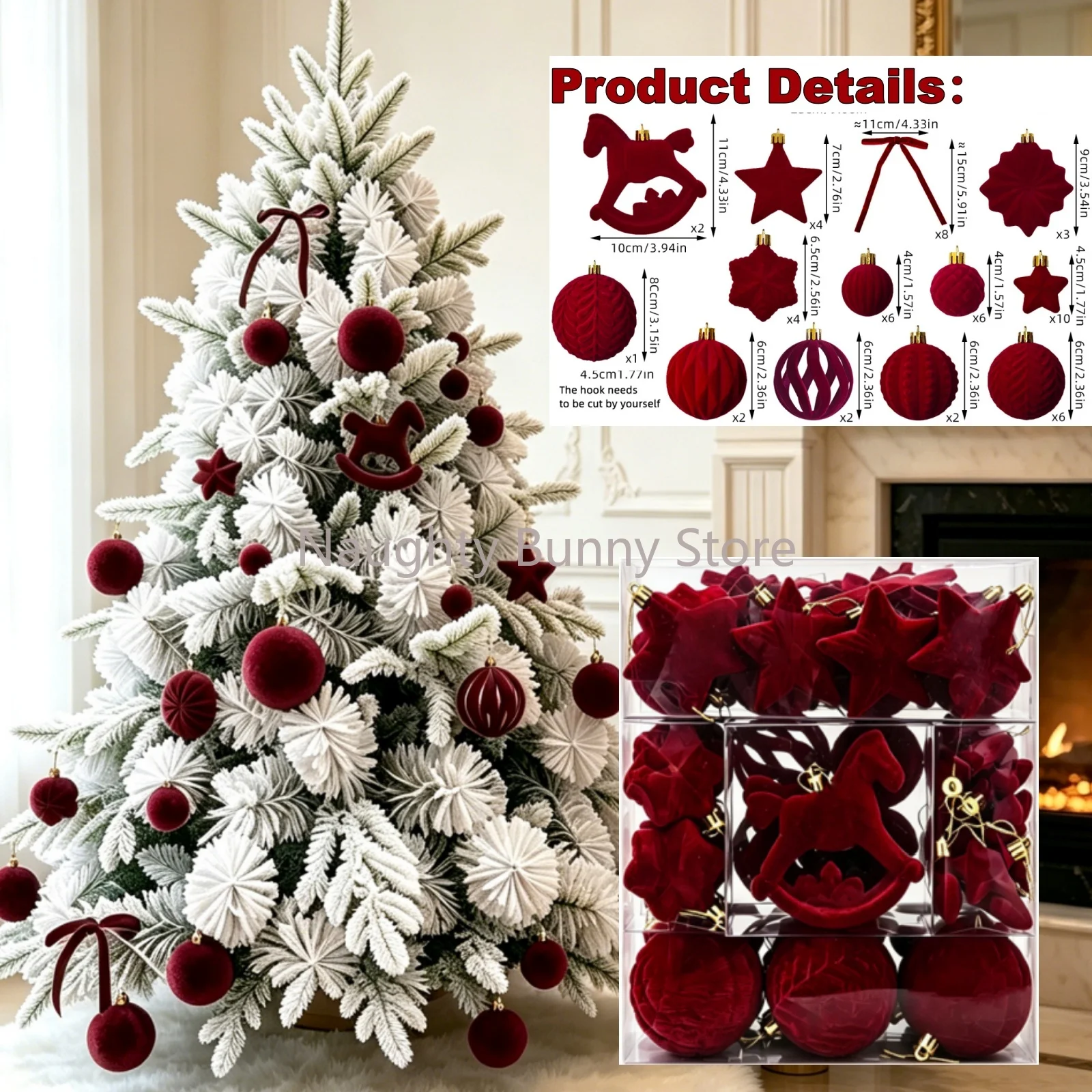New 58pcs Red Velvet Christmas Tree Ornament Gift Set Rocking Horse Five-Pointed Star Bow Xmas Tree Decor Christmas Ball Set