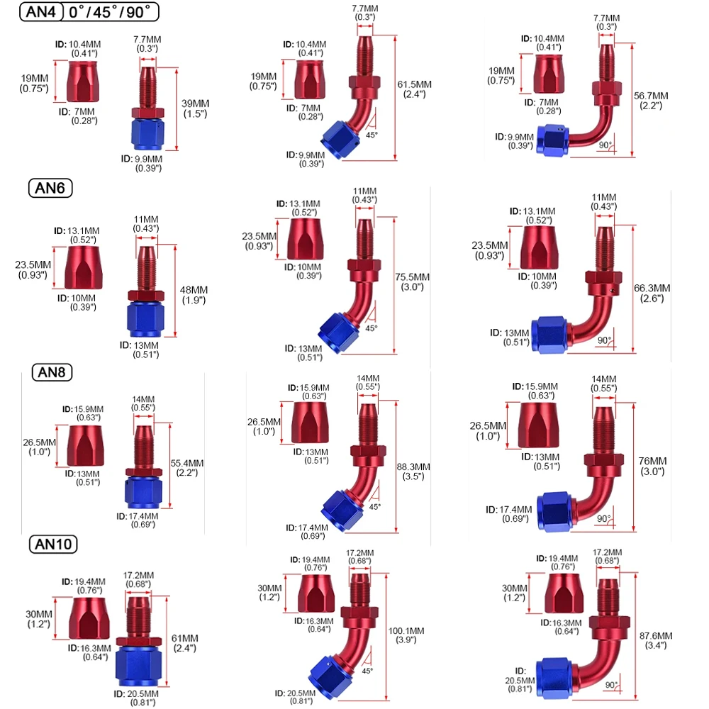 Imagem -03 - Universal Óleo Mangueira Final Kit Adaptador Óleo Mangueira Giratória An4 An6 An8 An10 An12 Tubulação de Combustível Mais 45 90 180 Graus 10 Pcs