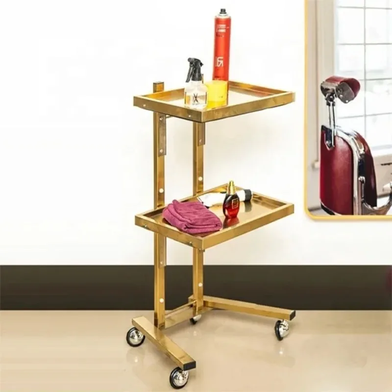 Hot sale beauty gold salon cart folding portable stainless steel frame salon trolley hairdressing with 4 wheels