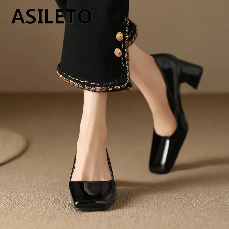 ASILETO 2023 Women Pumps Patent Leather Square Toe Chunky Heels 6cm Slip On Office Lady Shoes Shallow Small Size 32 33