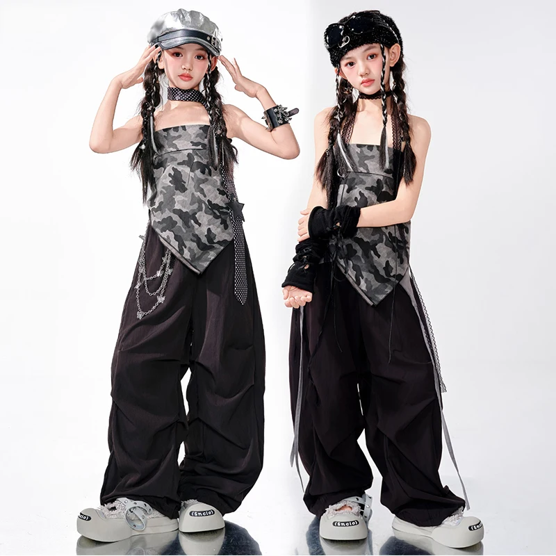 Costume da ballo jazz per ragazze Set hip-hop Camouflage Crop Top Pantaloni larghi neri Bambini Street Dance Abiti da performance hip-hop AMY2194