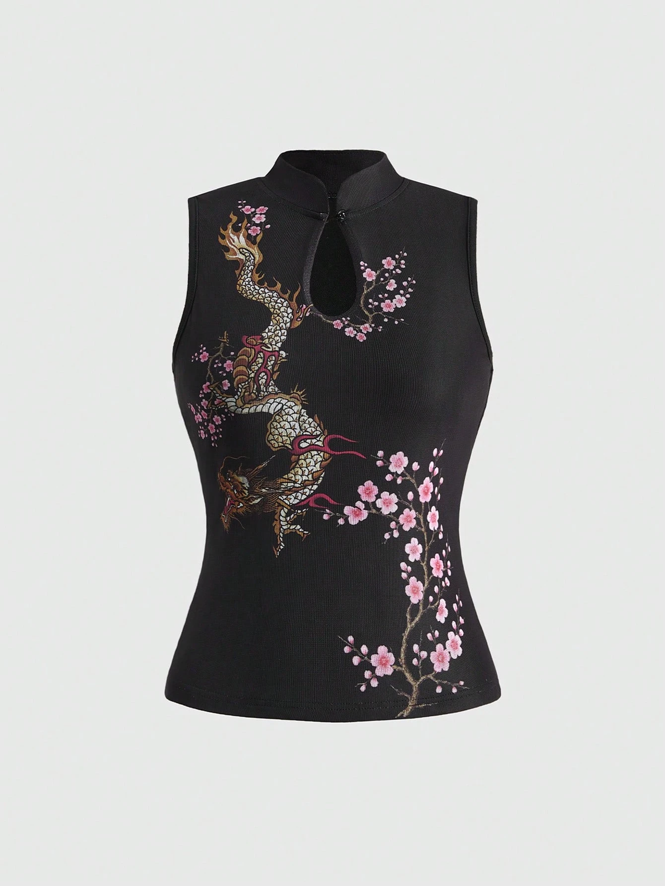 Schwarzes Drachen-Print-Top für Damen 2026 – Stehkragen & Schlüsselloch-Detail, schmal geschnittene ärmellose orientalische Bluse im Y2K-Ästhetik-Streetwear-Stil