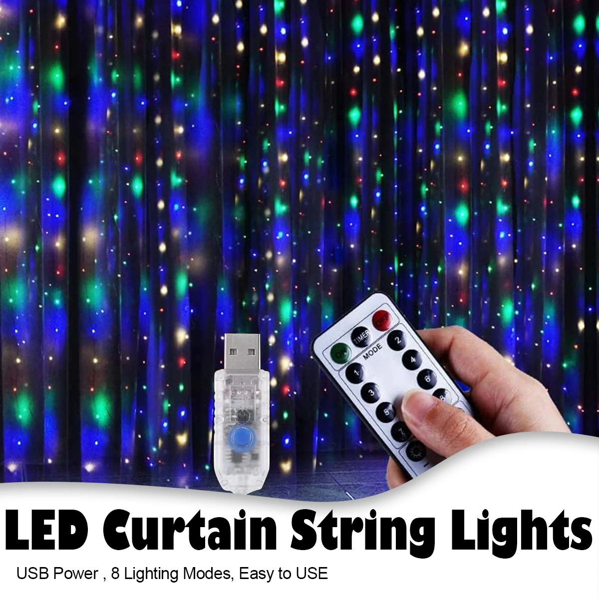 USB 8 Modes LED Curtain Light 3X1M/3x2M/3X3M Wedding Party Decoration Colorful String Lights Festival Christmas Wedding Holiday