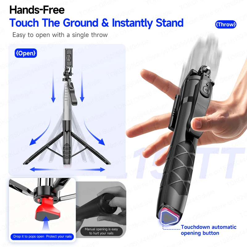 L15-TT Selfie Stick for Phone Auto Pop Up Tripod Stand for Cell Phone Balanced Shoot 1/4'' Screw for Action Camera with Remote