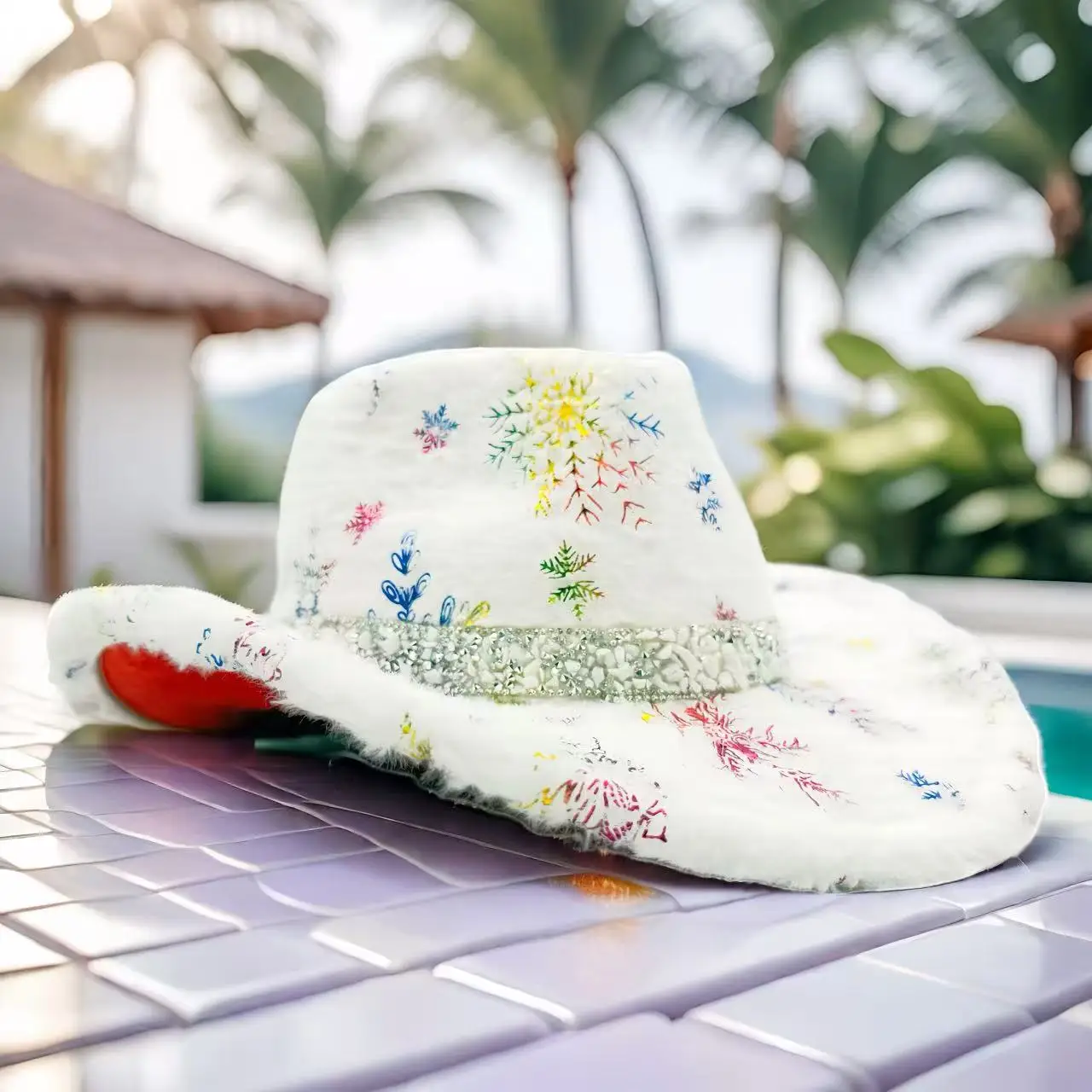 หมวกคาวบอยปักเลื่อมสีขาว HongLuan พร้อมหมวกคาวบอยขนปุยประดับคริสตัลสำหรับผู้หญิง อุปกรณ์เสริมคอสเพลย์คาวบอยหญิง และหมวกคาวเกิร์ล