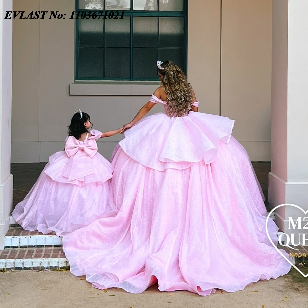 

EVLAST Customized Pink Quinnceanera Dress Ball Gown Shiny Applique Beading Mexico Corset Sweet 16 Vestidos De 15 Anos SQ567