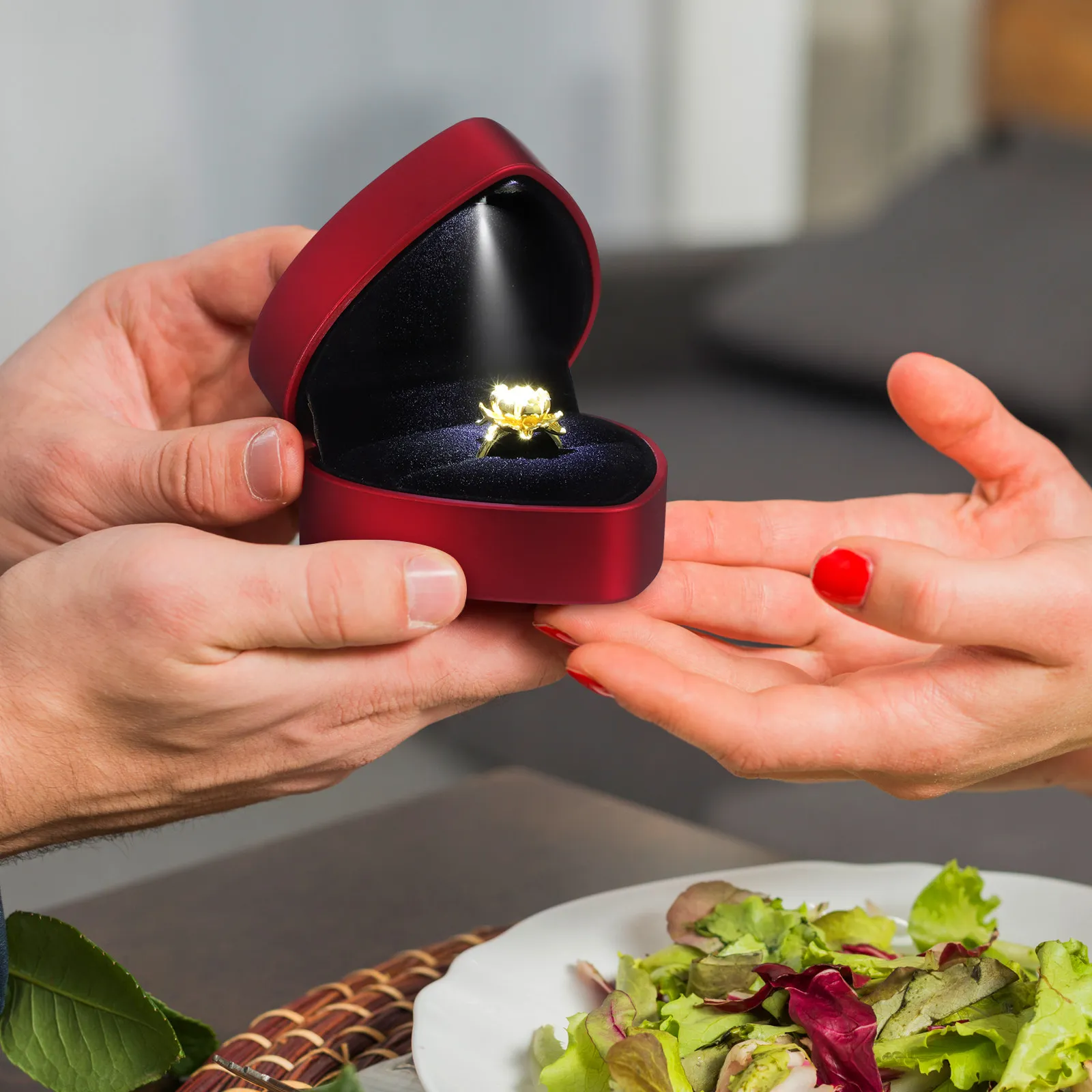 

Led Lighted Shape Ring Box Led Ring Box Durable Jewelry Storage Waterproof Fabric Valentine'S Wedding Gift Red Color