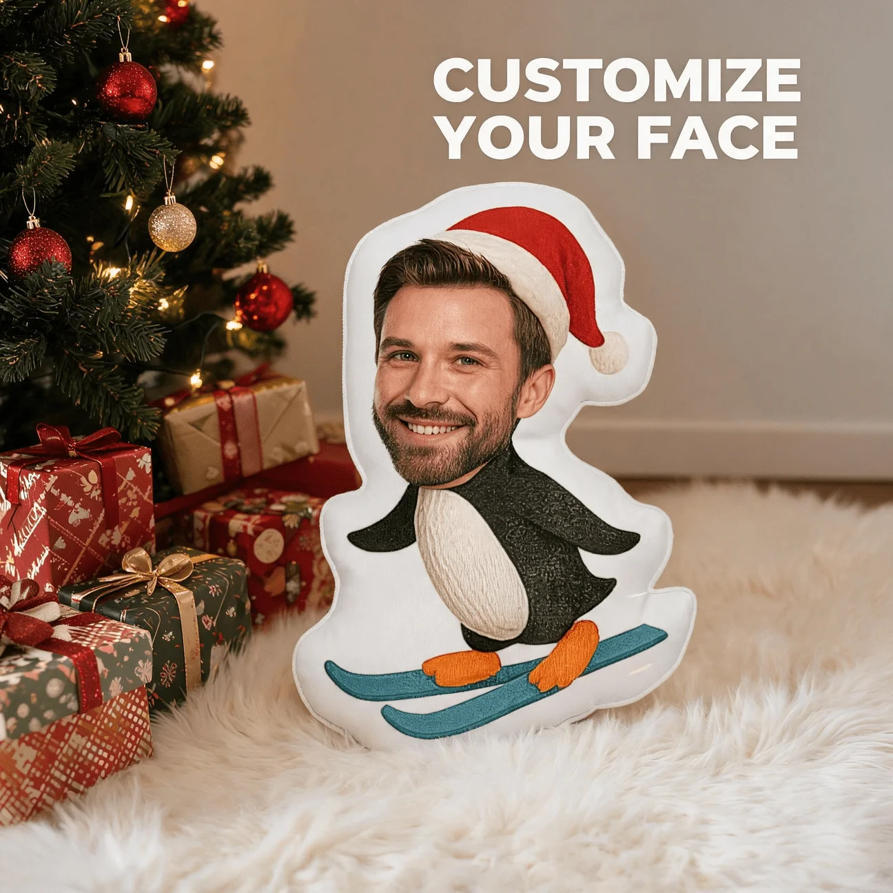 Custom Photo Face Pillow, Funny for Man in Santa Hat Penguin Skiing Body Custom Shaped Decorative Cushion, Novelty Gift for Adul