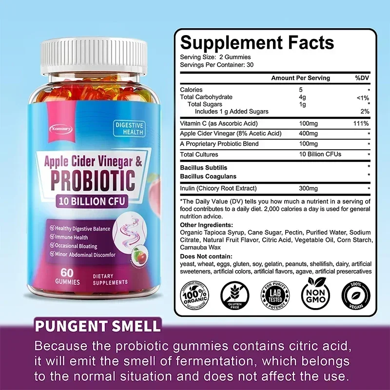 Probiotic Gummies - Contains Apple Cider Vinegar, Which Aids Digestion, Boosts Immunity, and Relieves Constipation and Bloating