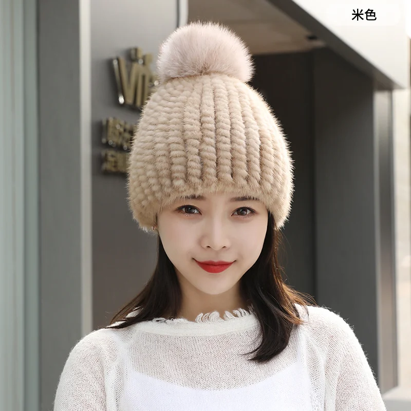 100% Natural Mink Fur Hat Women Winter Knitted Beanie Russian Girls Cap With Fox Fur Pom Poms Thick Female Cap Elastic Hats