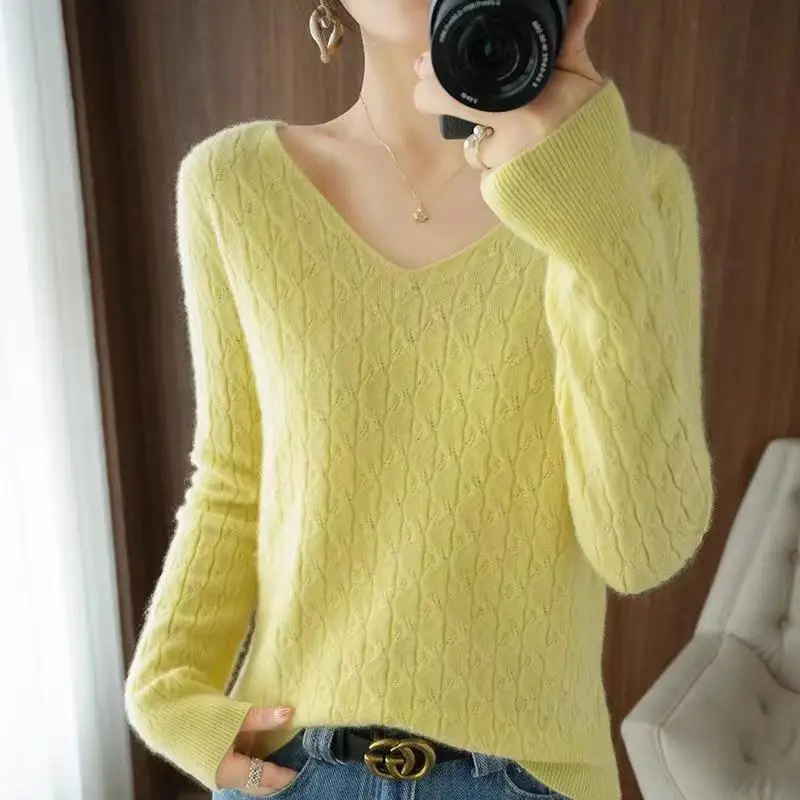 Spring Autumn New Fashion V-neck Long Sleeve Pullovers Women\'s Clothing Solid Color Sweet Temperament Knitting All-match Tops