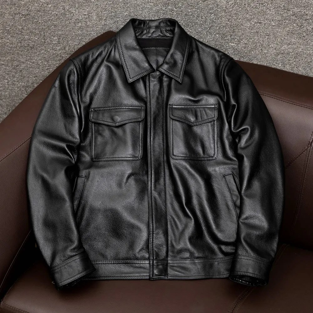 Leather Men's Lapel Short Top Layer Cowhide Cotton Large Size Jacket