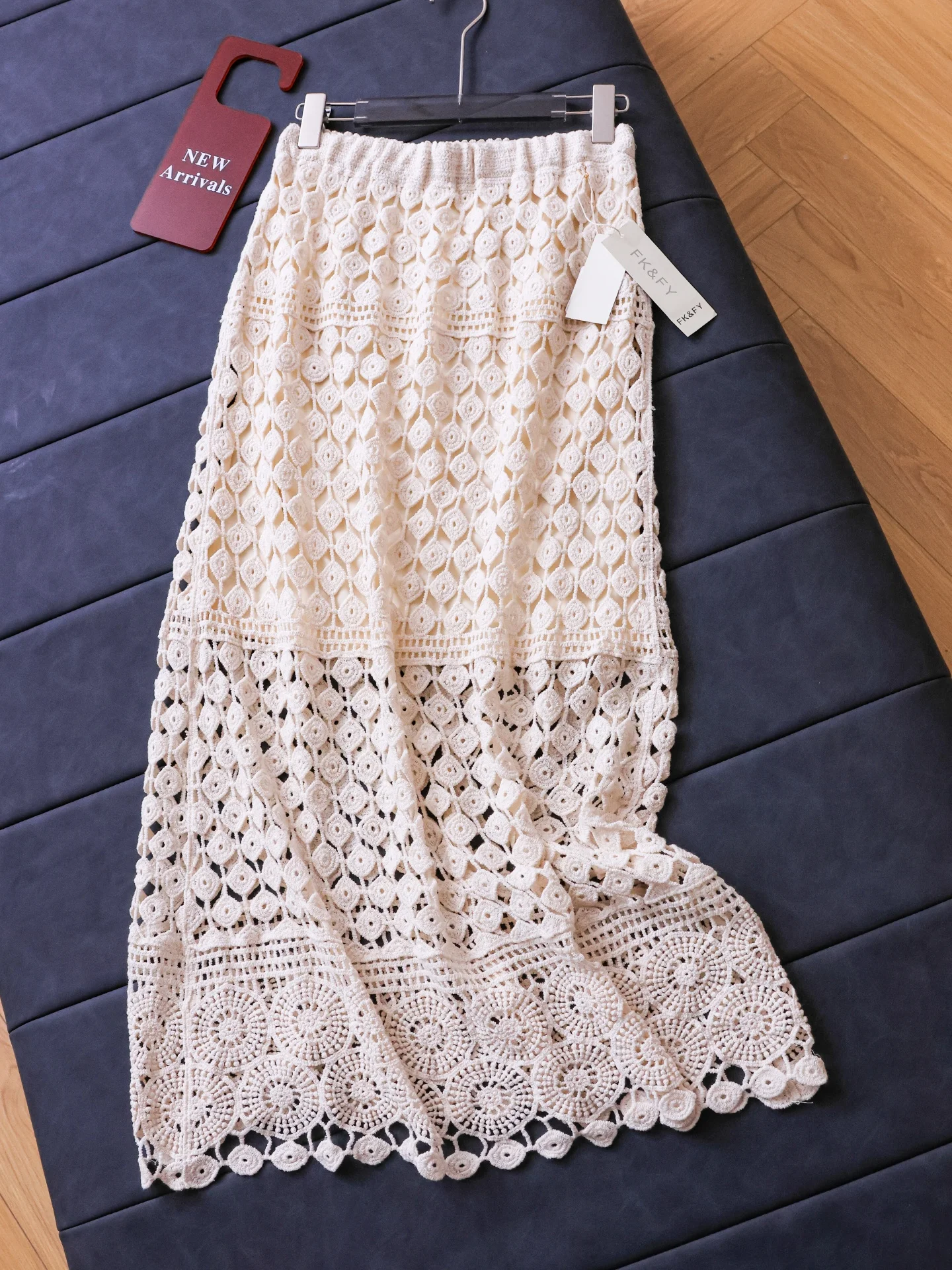 Slimming Lace Half Skirt with Elastic Waist Knitted Long Gown Hollow out Hook Design for Women Straight Cut Summer Fashion