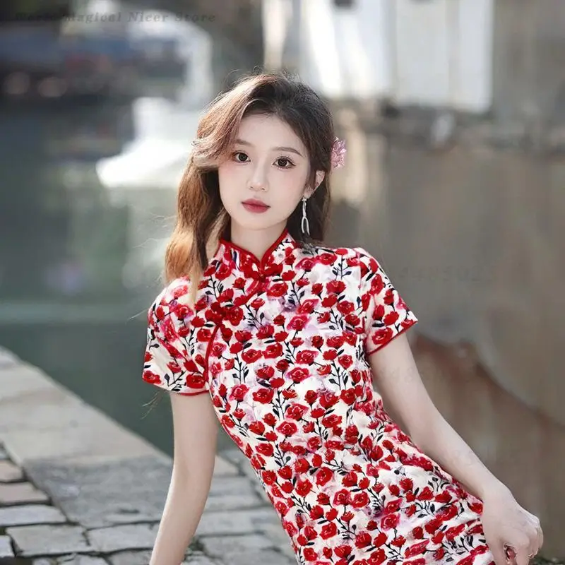 New Summer Red Short Modified Chinese Vintage Qipao Slim Figure-Flattering Oriental Daily Dress for Young Pear Shaped Body Women
