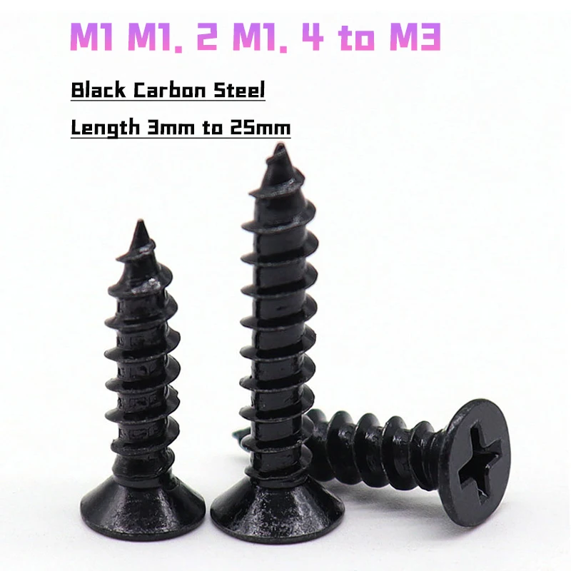 M1 M1.2 M1.4~M3 Black Carbon Steel Mini Micro Cross Phillips Flat Countersunk Head Self Tapping Wood Screw Length 3mm to 25mm