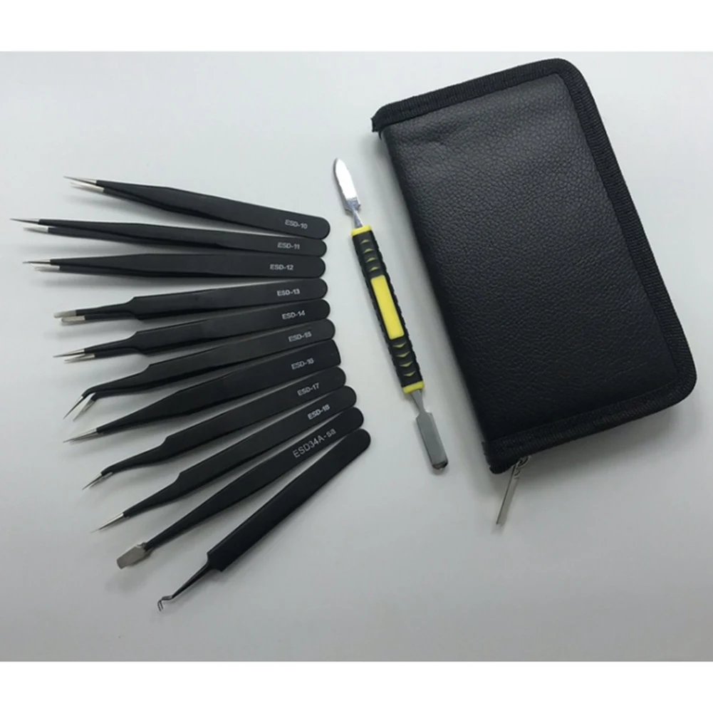 Tweezers 12 Pieces ESD Tweezers Tools Kit Anti-Static Non-Magnetic Stainless Steel Multi-Standard with Storage Bag