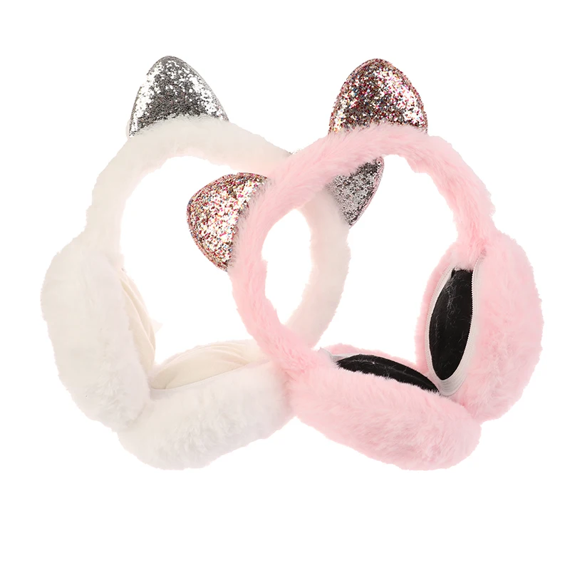 Lovely Winter Warm Cat Ear Warmers Glitter Ears Plush Earmuffs for Women Playful Girls Ear Muffs Cold Protection Warm Hot