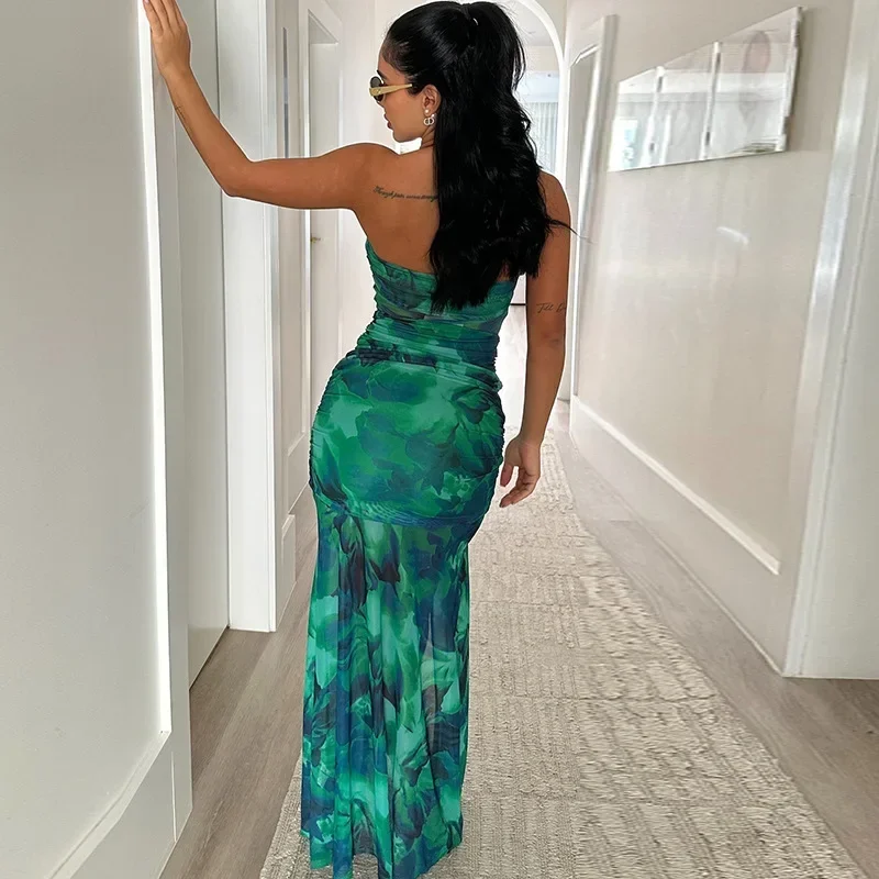 Laxsesu 2024 Summer Fashion Urban Sexy Women's Dress with Green Printed Open Back Birthday Party Clubwear Elegant Long Dress