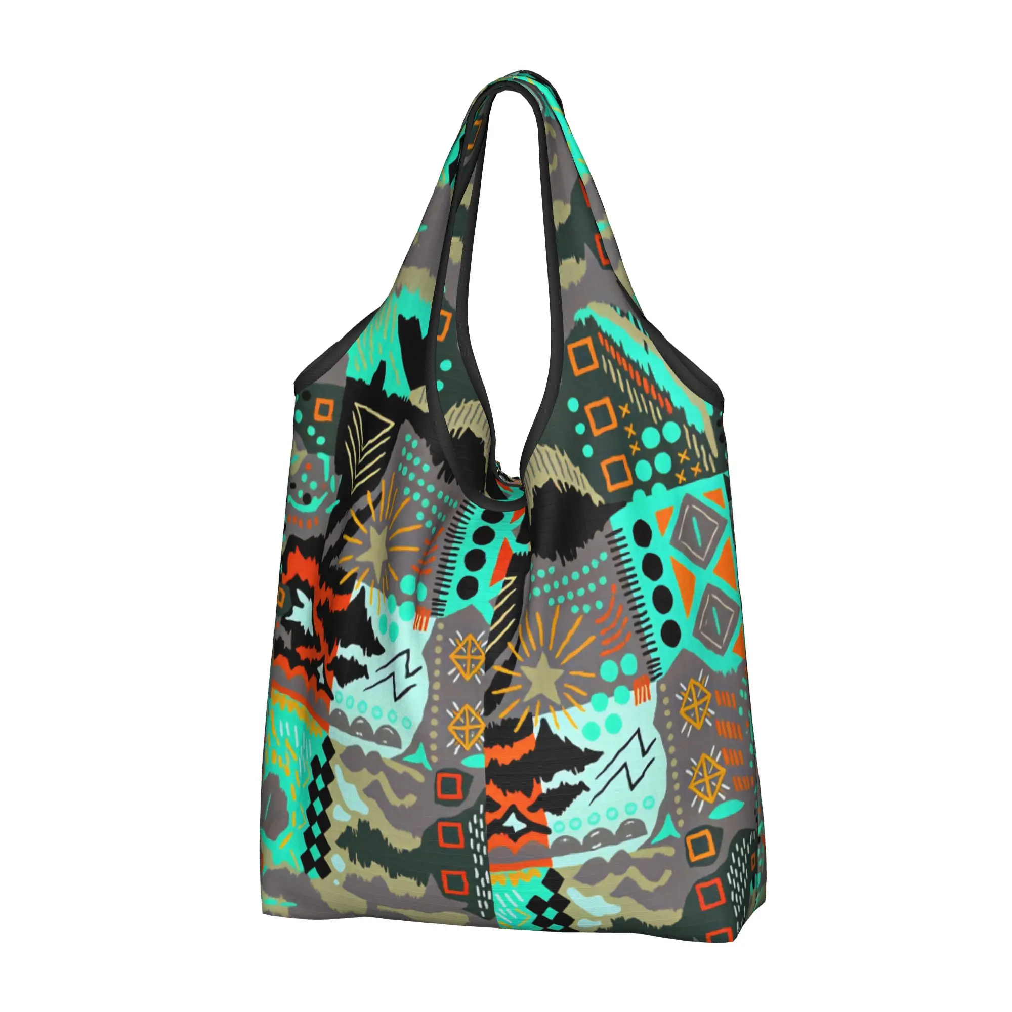 Reusable Graffiti Art Y2K Style Shopping Bag Women Tote Bag Portable Abstract Geometric Pattern Groceries Shopper Bags