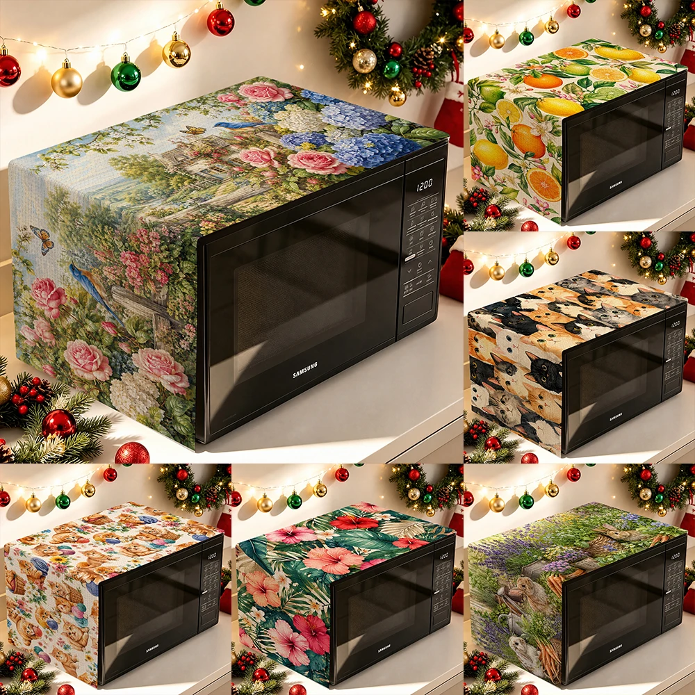 1pcs 1PC Microwave Oven Dust Cover, Tropical Floral Cat Fruit Garden Print Kitchen Appliance Protector for Holiday Home Decor