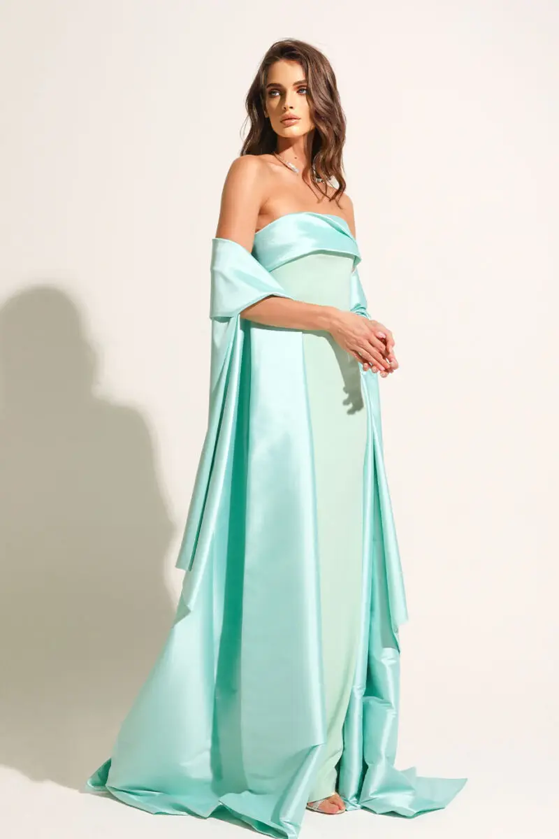 Muloong Tiffany Strapless Dubai Evening Dresses Straight Floor Length Prom Gown Pleated Long Shawl Luxury Woman Party Dress