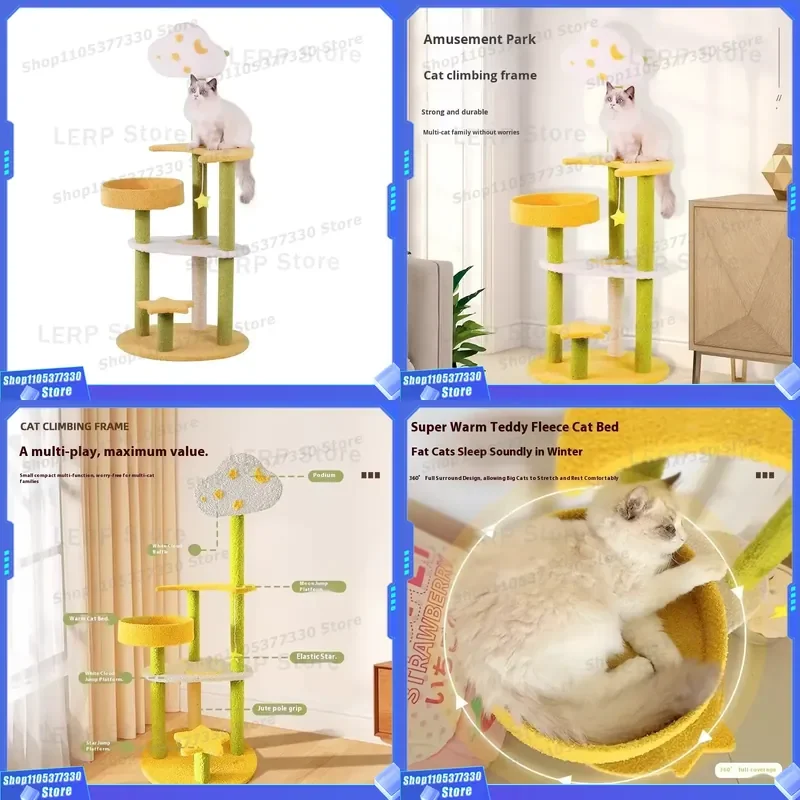 Large Eco Friendly Wooden Cat Tree House Closed Capsule Design Sisal Scratching Post Cartoon Style Four Season Pet Bed