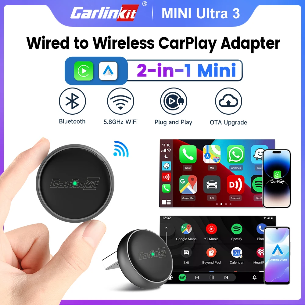 Carlinkit Mini Ultra 3 Wireless Carplay Adapter Converts Wireless Android Auto Plug & Play Carplay WiFi Bluetooth For Car Radio