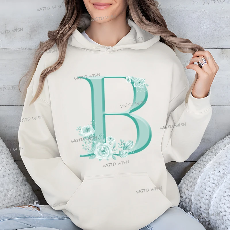 Women Graphic Rose Alphabet Fashion Hoodies Aesthetic Floral 26 Letter Long Sleeve Female Sweatshirts 26 Initials Sportswear