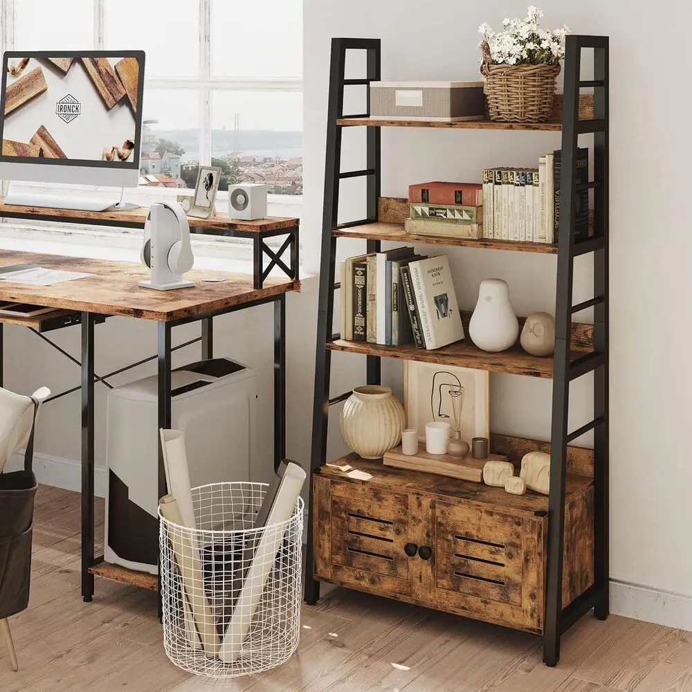 أرفف الكتب الصناعية وخزائن الكتب من IRONCK، رف سلم 5 طبقات مع إطار معدني لغرفة المعيشة والمكتب المنزلي، بني ريفي