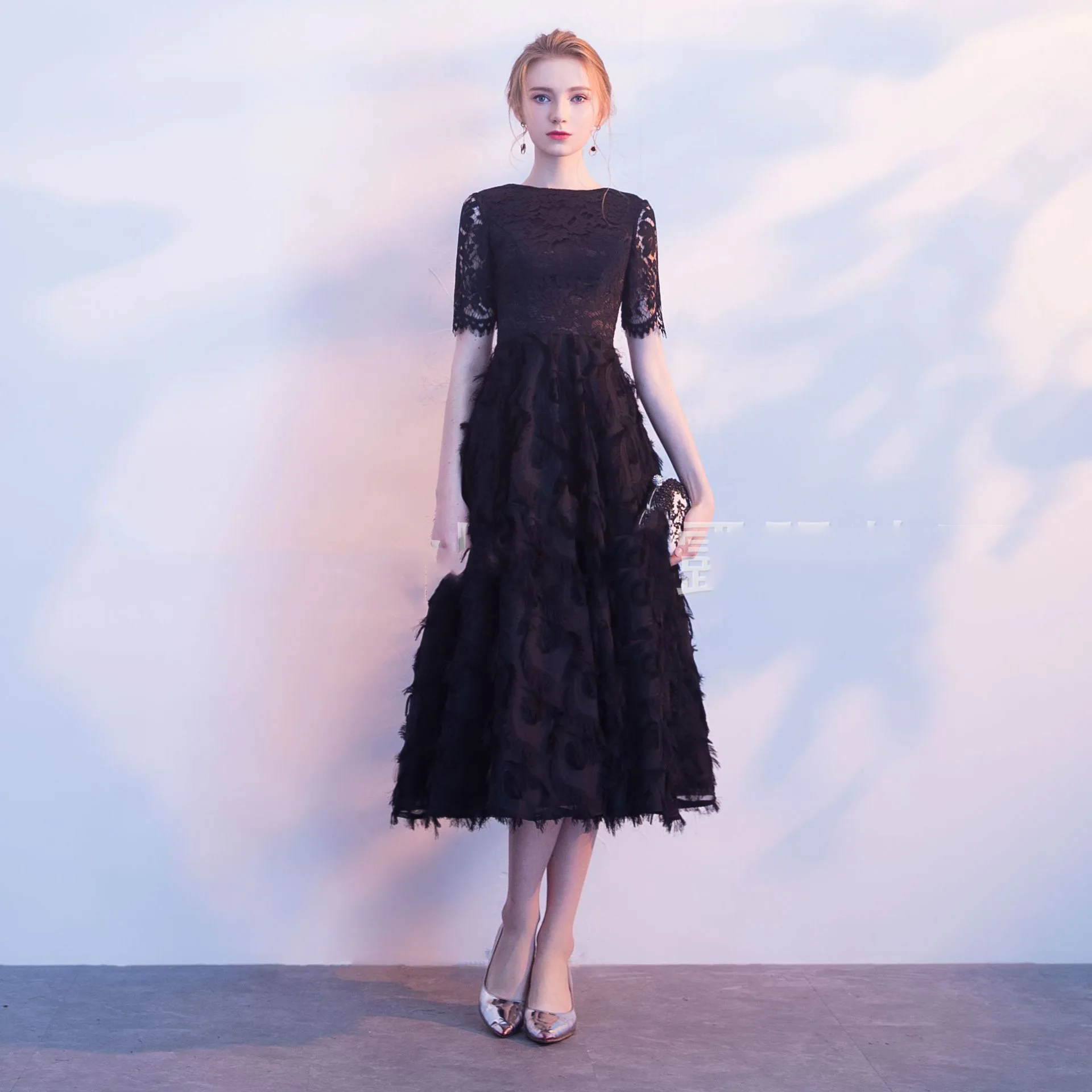 

2022 New Fashion Women Evening Dress Half Sleeve O-neck Lace Formal Dresses Haute Couture