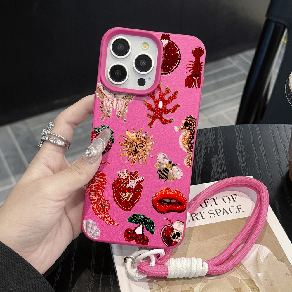 Luxuriöse Collage-Handschlaufenhülle für iPhone 13 14 Pro Max Hüllen iPhone 11 12 17 ProMax 13 15 Plus XR mit Lanyard Weiche Abdeckung – Detail 6