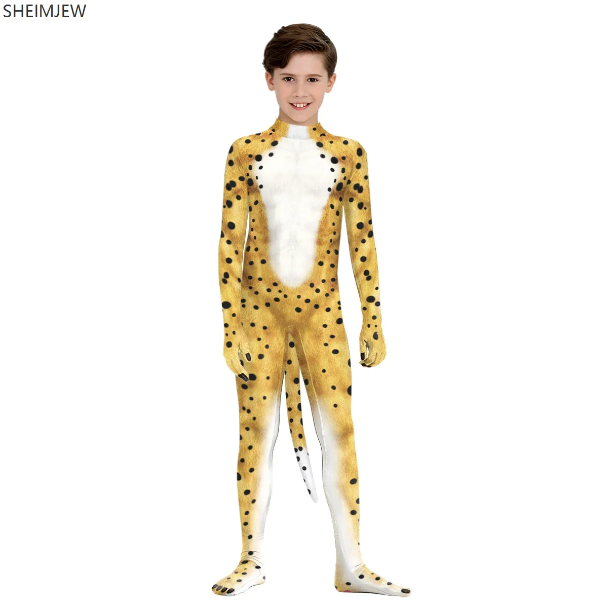 Kids Funny Animal Print Cosplay Jumpsuit With Tail Unisex Halloween Animal Zentai Suit Long Sleeve Party Zipper Catsuit Rave Set