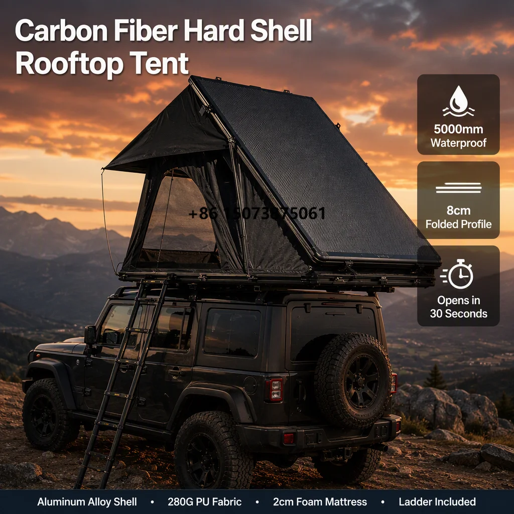 Zentopia Carbon Fiber Texture Hard Shell Wedge Rooftop Tent 2 Person 5000mm Waterproof Four-season Quick Setup Ladder for SUV