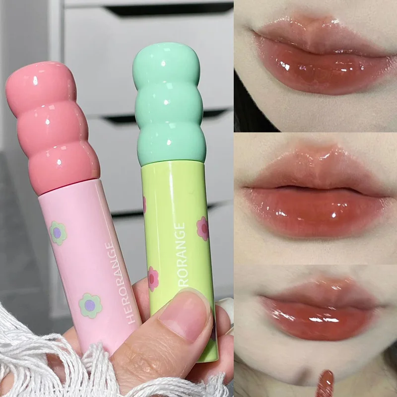 Cute Mirror Glass Lip Gloss Moisturizing Lip Plumper Oil Anti-Cracking Sexy Wood Red Water Glossy Lip Tint Non-stick Cup Makeup