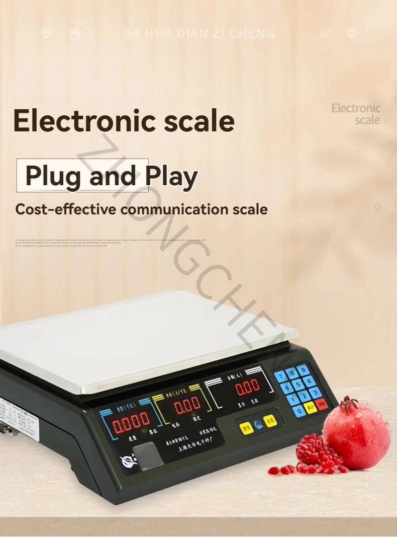 Báscula electrónica con comunicación con puerto serie, adecuada para uso comercial, se conecta a cajas registradoras. Modelos: ACS-15ab/30ab
