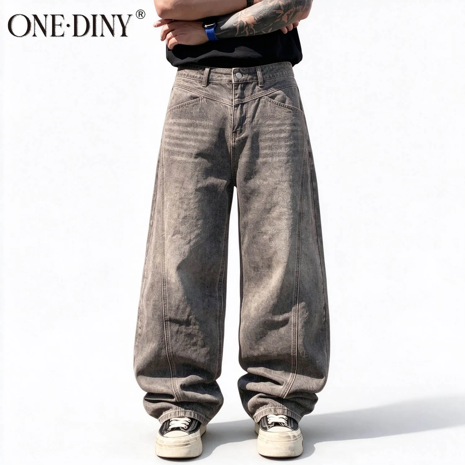 ONE·DINY Men's American Retro Washed Ultra Baggy Wide Leg Jeans Four Seasons Split Splicing Denim Pants Unisex Denim Pants