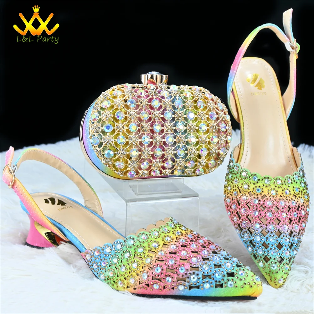 High End Banquet Pointed Toe Shoes Paired with Clutch bag 2024 INS Trendy Matching Rainbow Color with Crystal