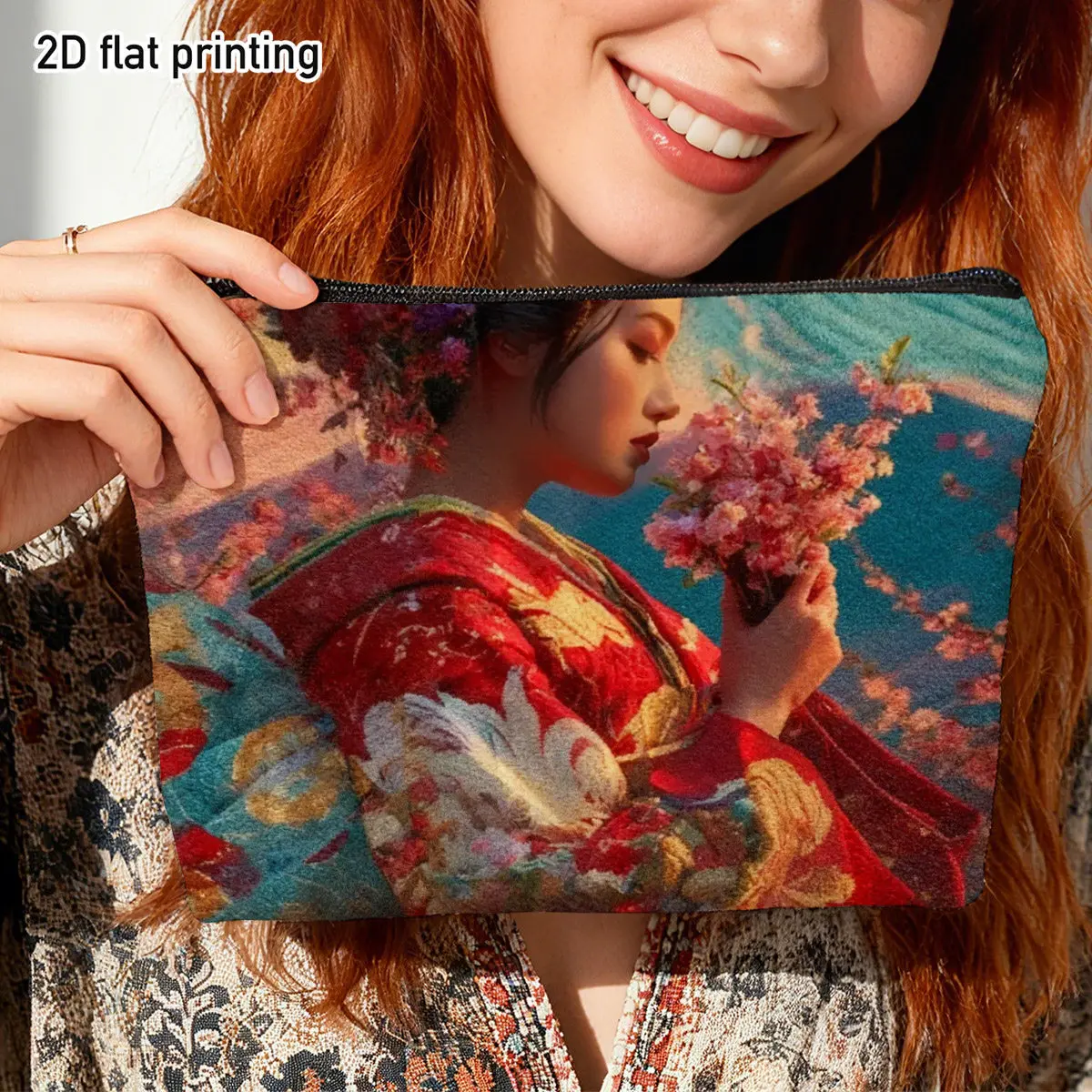 Vibrant Japanese Geisha Cherry Blossom Makeup Bag Elegant Traditional Kimono Design Storing Cosmetics on Vanity Organization