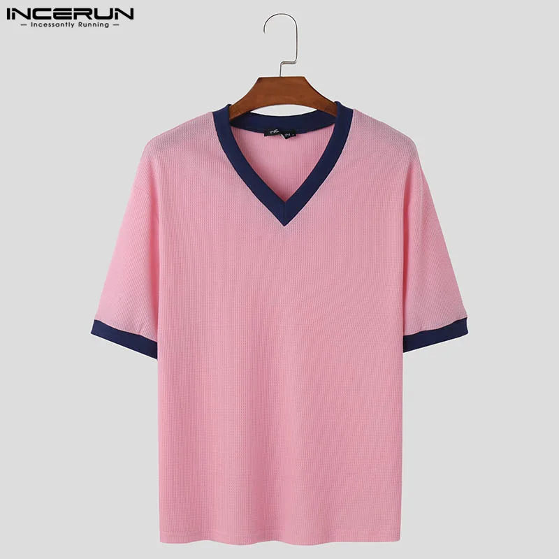 INCERUN Tops 2024 Korean Style Men\'s V-neck Design T-shirt Casual Streetwear Texture Splicing Color Short Sleeved Camiseta S-5XL