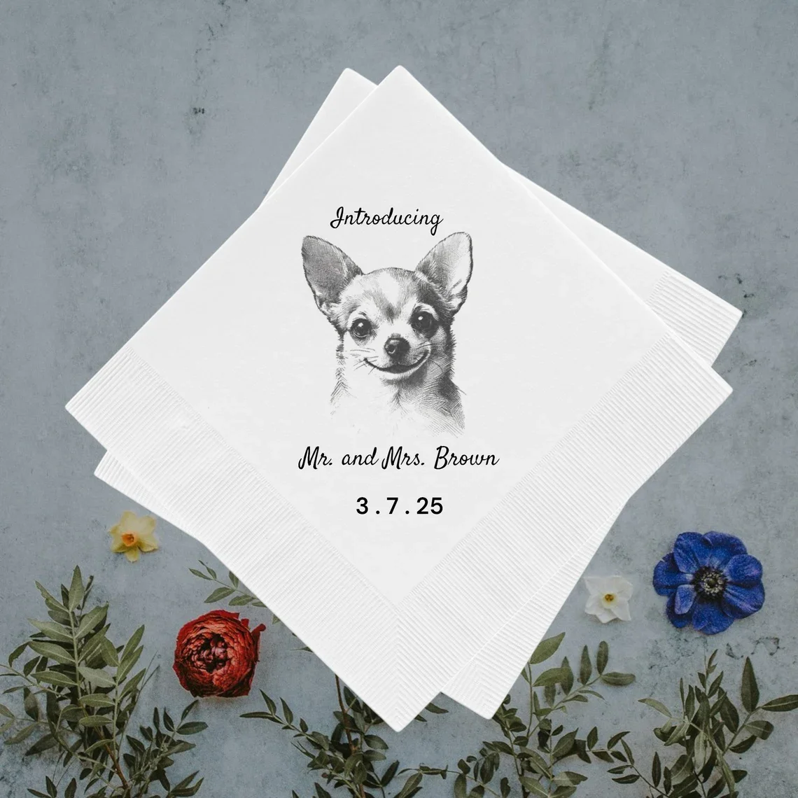 Personalized Dog Napkins for Wedding or Reception, Custom Pet Napkins for Cocktail Event, Rehearsal Dinner or Modern Bar Decor