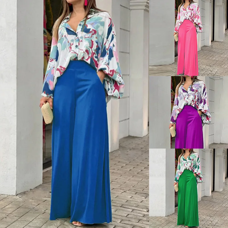 Fashion Casual Set Women 2024  Tops Shirt Elegant Wide Leg Pants Set Printed Bell Sleeve Shirt Wide Leg Pants Fashion Trendy