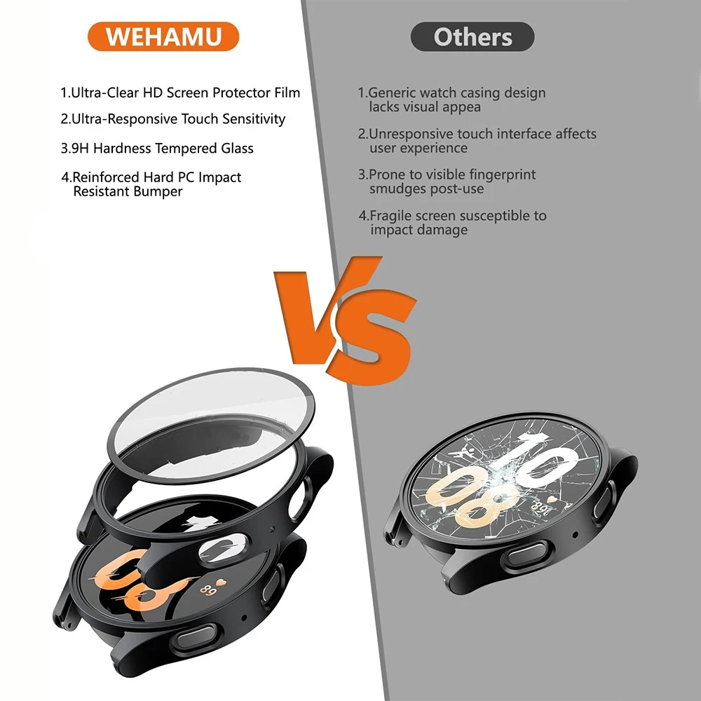 Tempered Glass+PC Case for Samsung Galaxy Watch 7/6/5/4 cover 40/44mm Full bumper screen protective smart watch case Accessories