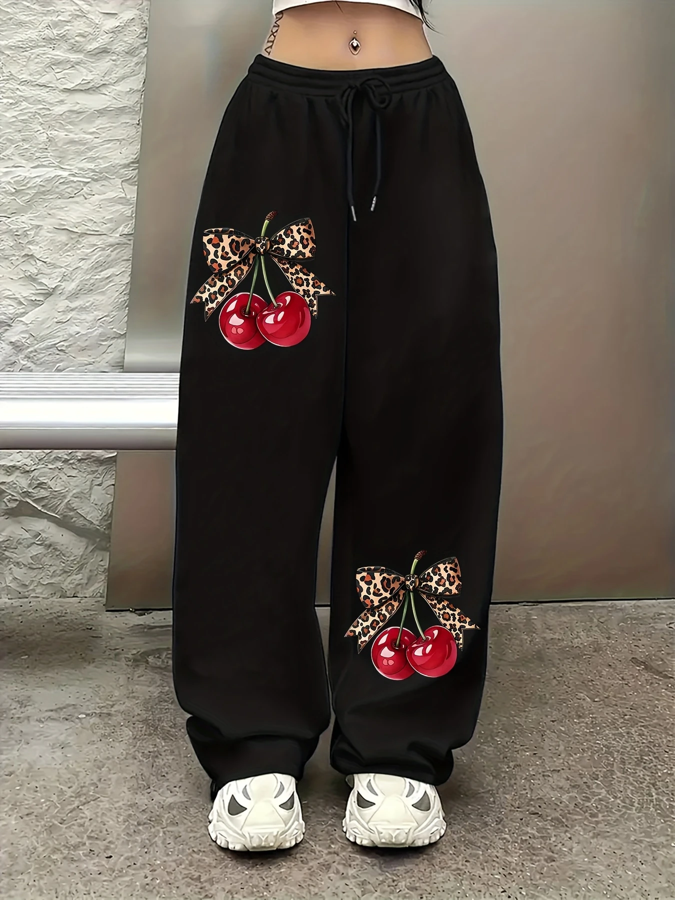 Leopard Print Bow Cherry Print Wide Leg Pants for Women with Elastic Waist, Sweet and Cool Street Style Loose Casual Pants