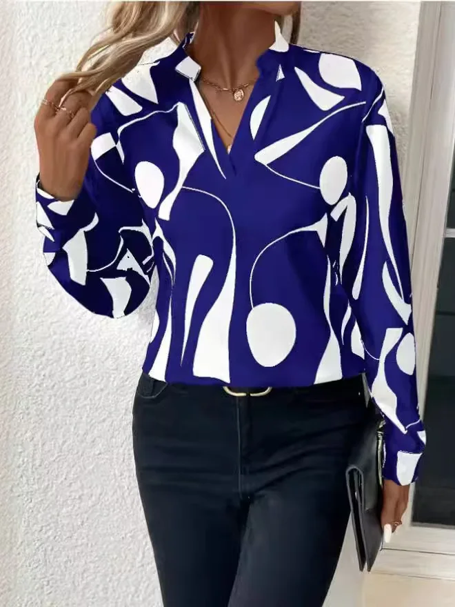 QX Pullover 6635 Los polyester damesshirt met lange mouwen en print 2025, speciale prijs, bedrukte V-hals